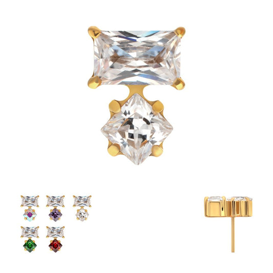 24Kt Gold PVD Threadless "Baguette Duo" Prong Set Gem Top