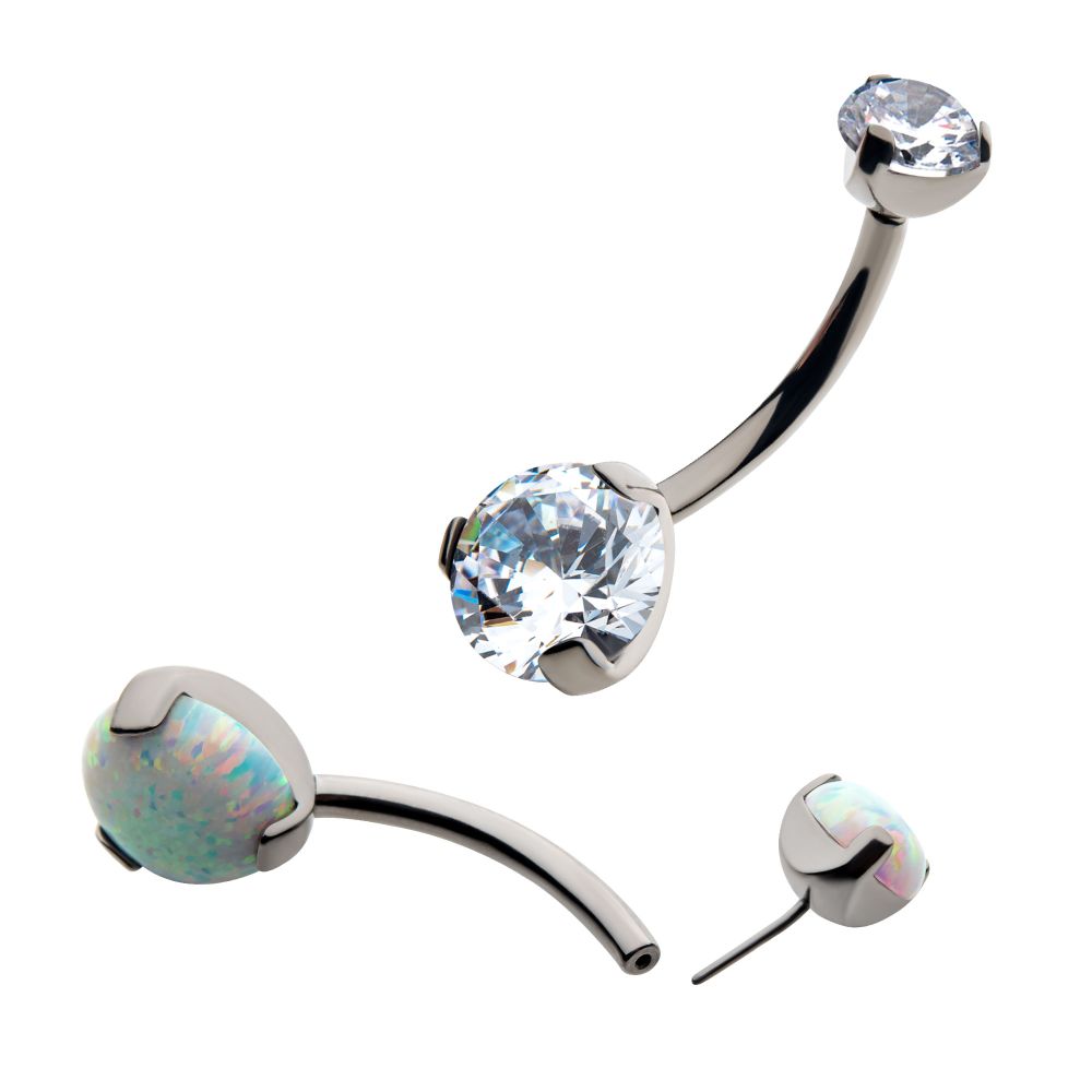 Titanium Threadless with Prong Set Round AAA CZ/Synthetic Opal Detachable Top and Fixed Bottom Navel Curve