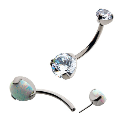 Titanium Threadless with Prong Set Round AAA CZ/Synthetic Opal Detachable Top and Fixed Bottom Navel Curve