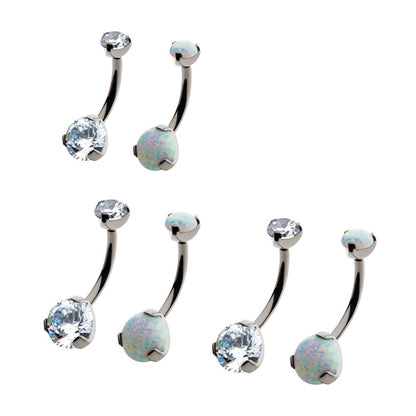 Titanium Threadless with Prong Set Round AAA CZ/Synthetic Opal Detachable Top and Fixed Bottom Navel Curve