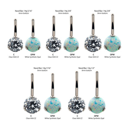 Titanium Threadless with Prong Set Round AAA CZ/Synthetic Opal Fixed Bottom Only Navel Curve