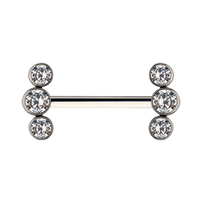 Titanium with One Side Fixed & One Side Threadless Nipple Barbell with Bezel Set CZ 3-Cluster Ends