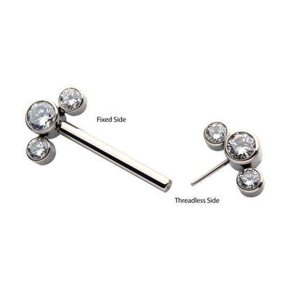Titanium with One Side Fixed & One Side Threadless Nipple Barbell with Bezel Set CZ 3-Cluster Ends