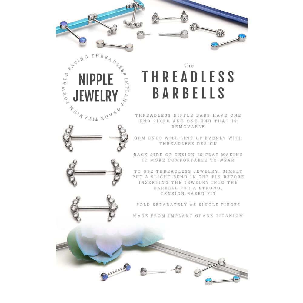 Titanium with One Side Fixed & One Side Threadless Nipple Barbell with Bezel Set CZ 3-Cluster Ends
