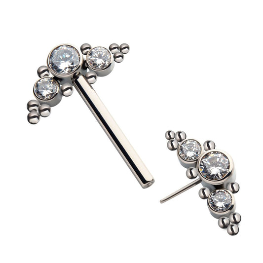 Titanium with One Side Fixed & One Side Threadless Nipple Barbell with Trio Beads & Bezel Set CZ 3-Cluster Ends
