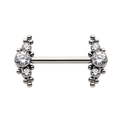 Titanium with One Side Fixed & One Side Threadless Nipple Barbell with Trio Beads & Bezel Set CZ 3-Cluster Ends