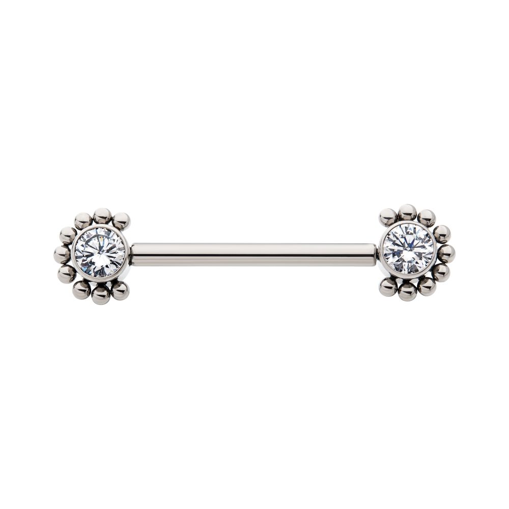 Titanium with One Side Fixed & One Side Threadless Nipple Barbell with Clustered Beads &  Bezel Set CZ Ends
