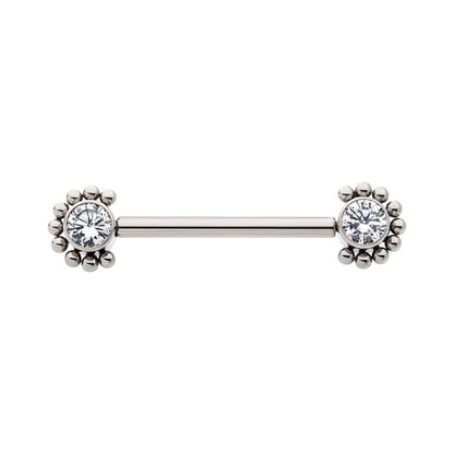Titanium with One Side Fixed & One Side Threadless Nipple Barbell with Clustered Beads &  Bezel Set CZ Ends