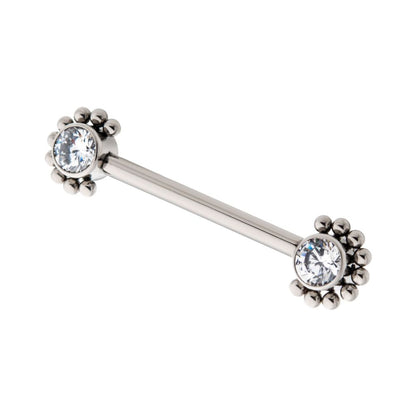 Titanium with One Side Fixed & One Side Threadless Nipple Barbell with Clustered Beads &  Bezel Set CZ Ends