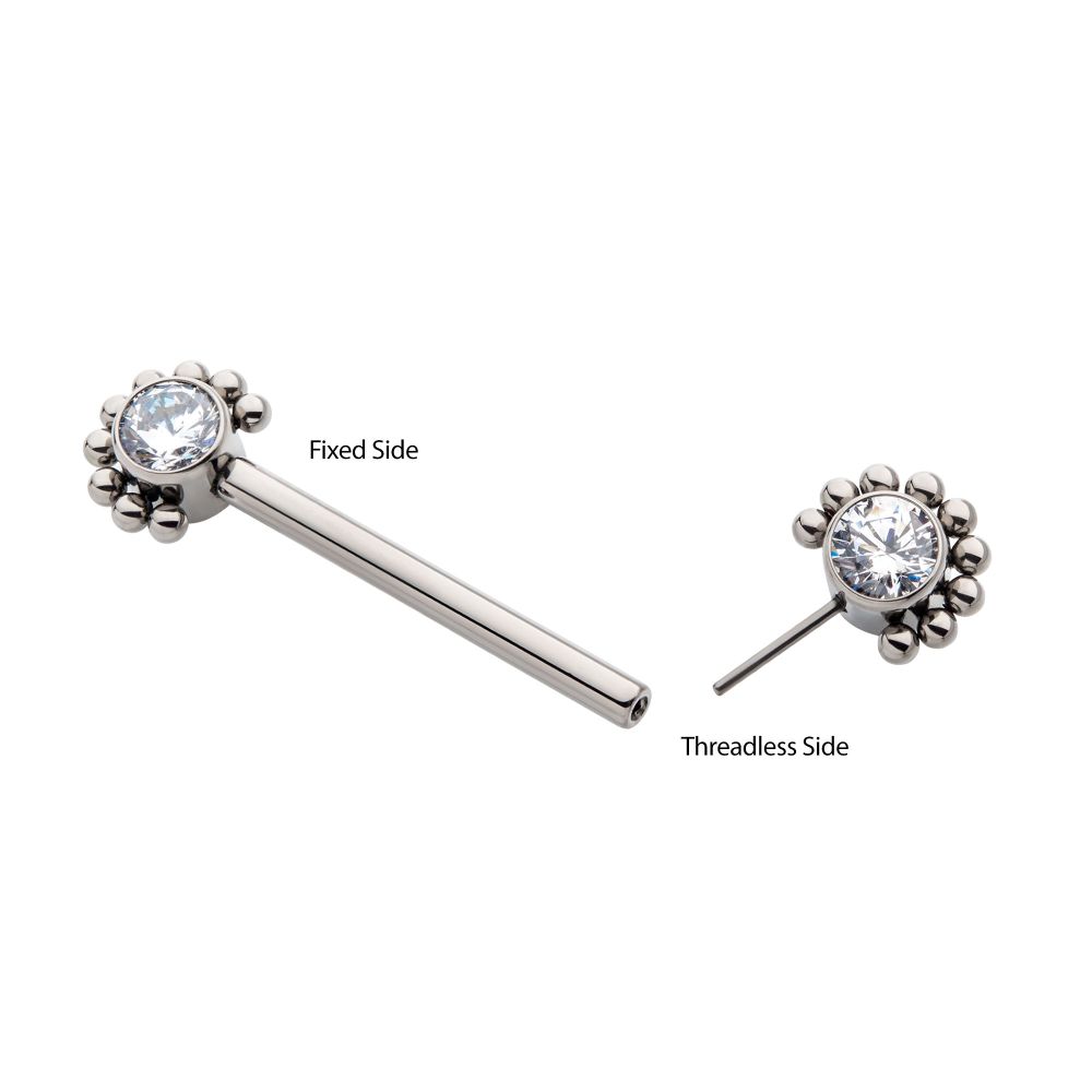 Titanium with One Side Fixed & One Side Threadless Nipple Barbell with Clustered Beads &  Bezel Set CZ Ends