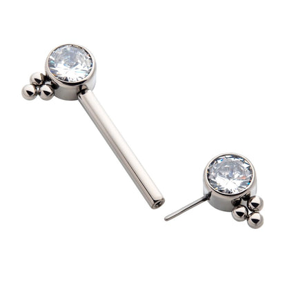 Titanium with One Side Fixed & One Side Threadless Nipple Barbell with Trio Bead &  Bezel Set CZ Ends