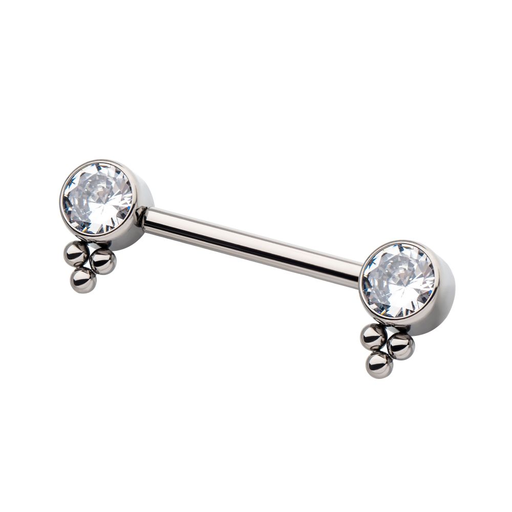 Titanium with One Side Fixed & One Side Threadless Nipple Barbell with Trio Bead &  Bezel Set CZ Ends