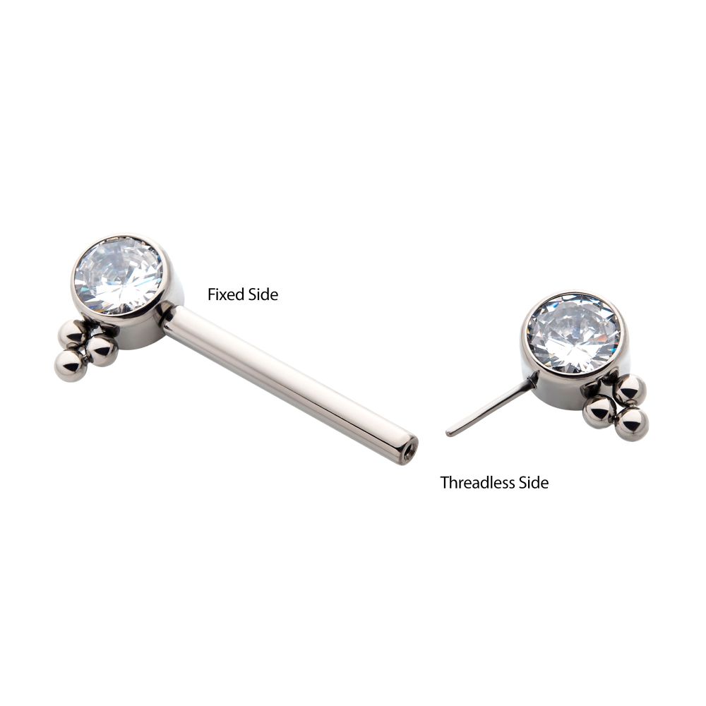 Titanium with One Side Fixed & One Side Threadless Nipple Barbell with Trio Bead &  Bezel Set CZ Ends