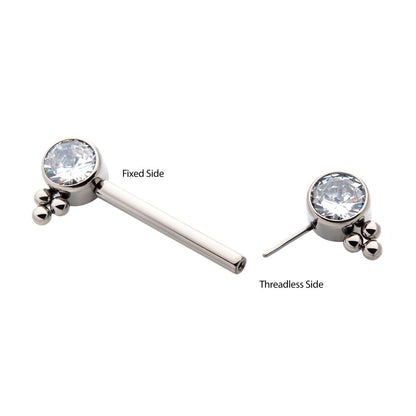 Titanium with One Side Fixed & One Side Threadless Nipple Barbell with Trio Bead &  Bezel Set CZ Ends