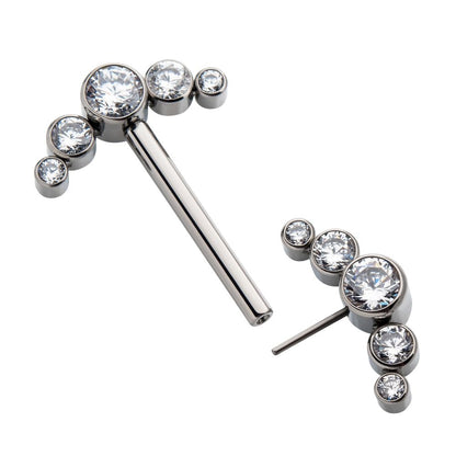 Titanium with One Side Fixed & One Side Threadless Nipple Barbell with Bezel Set CZ 5-Cluster Ends