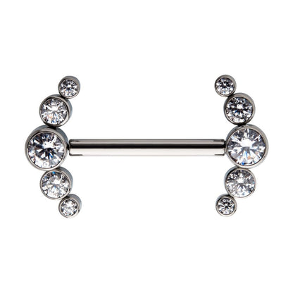 Titanium with One Side Fixed & One Side Threadless Nipple Barbell with Bezel Set CZ 5-Cluster Ends