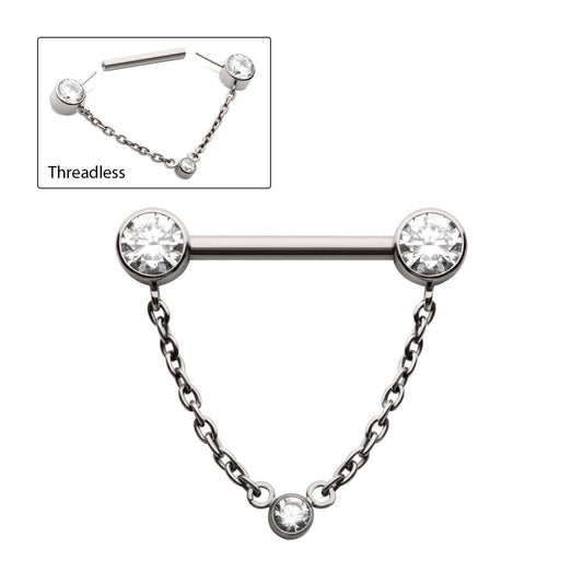 Titanium Threadless Bezel Round CZ Nipple Barbell with Dangle Chain | Sold by piece