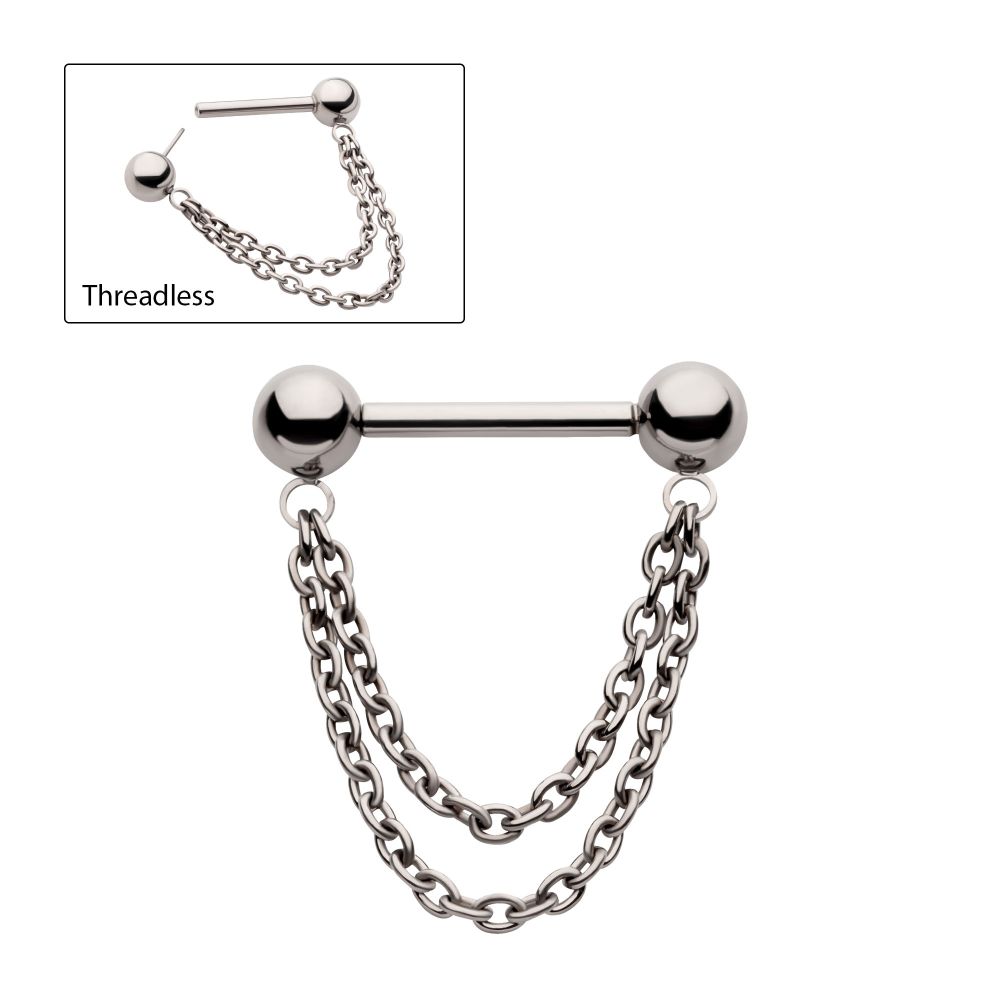 Titanium Double Chain Dangle with One Side Threadless, One Side Fixed Nipple Bar