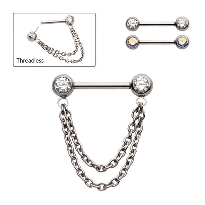 Titanium Double Chain Dangle with One Side Threadless, One Side Fixed Bezel Set Gem Nipple Bar