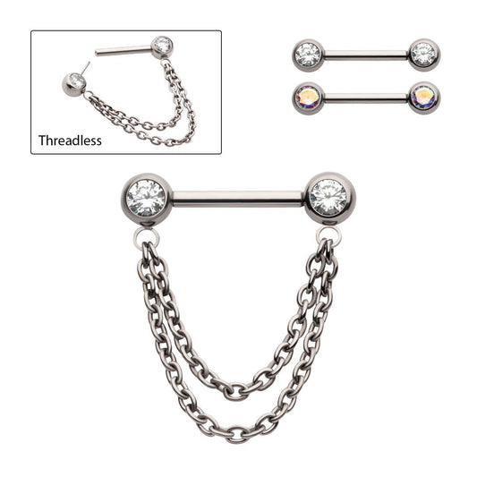 Titanium Double Chain Dangle with One Side Threadless, One Side Fixed Bezel Set Gem Nipple Bar