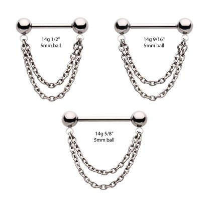 Titanium Double Chain Dangle with One Side Threadless, One Side Fixed Nipple Bar