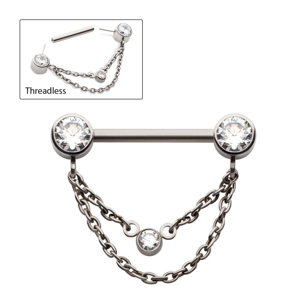 Titanium Threadless Bezel Round CZ Nipple Barbell with 2 Tier Chain | Sold by piece