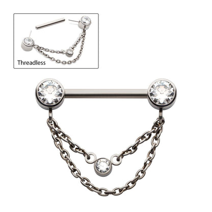 Titanium Threadless Bezel Round CZ Nipple Barbell with 2 Tier Chain | Sold by piece