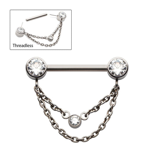 Titanium Threadless Bezel Round CZ Nipple Barbell with 2 Tier Chain | Sold by piece