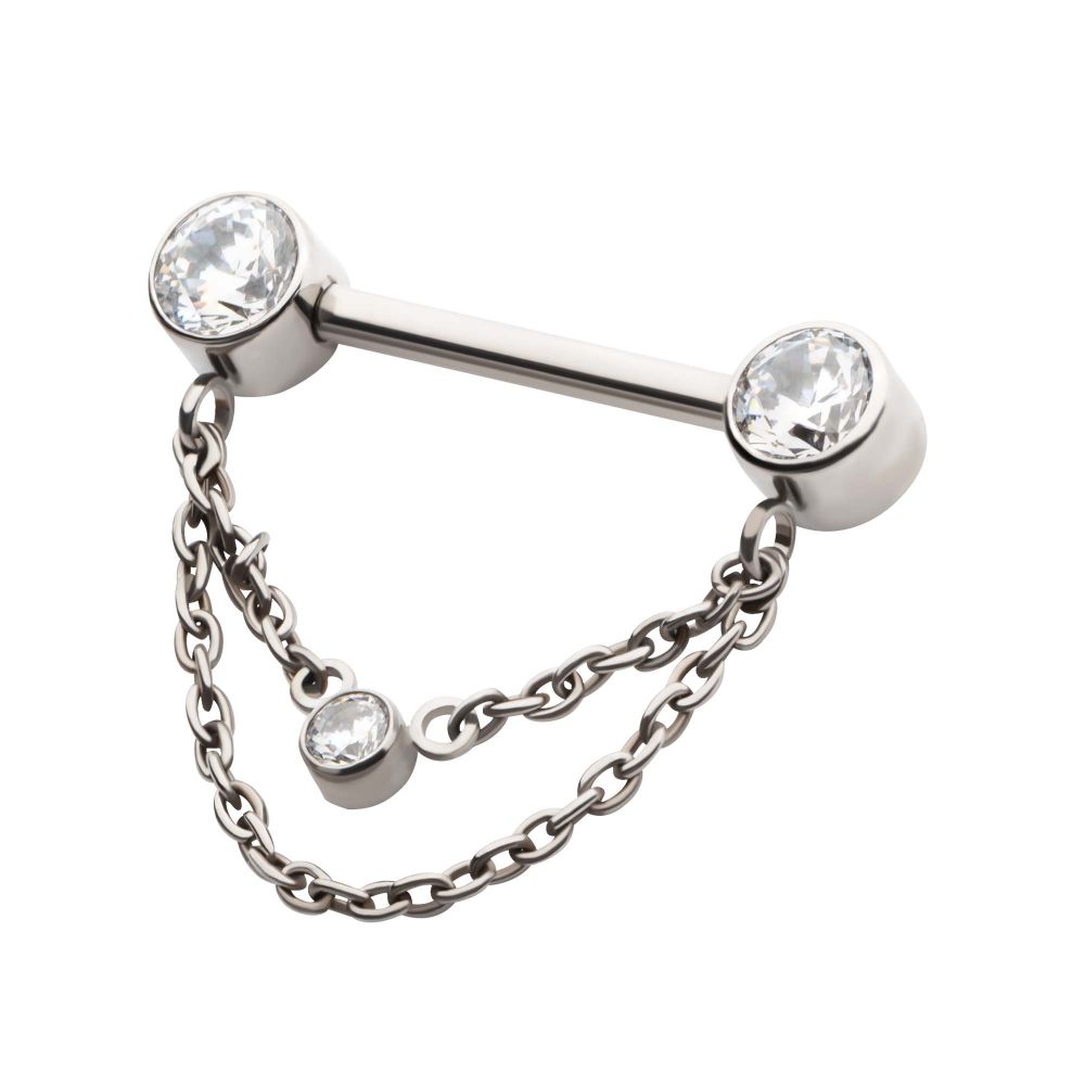 Titanium Threadless Bezel Round CZ Nipple Barbell with 2 Tier Chain | Sold by piece