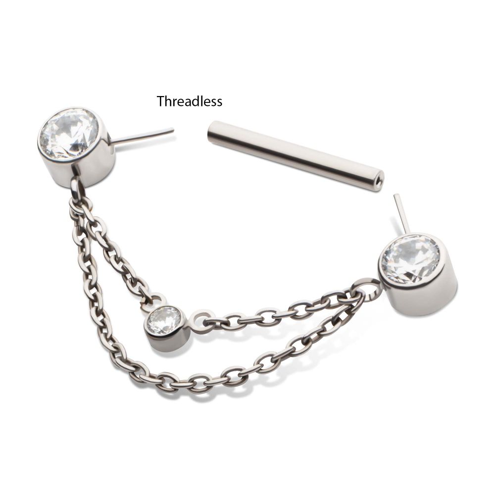 Titanium Threadless Bezel Round CZ Nipple Barbell with 2 Tier Chain | Sold by piece
