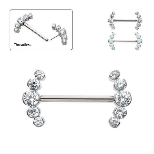 Titanium Semi-Bezel Set Round Gem/Opal 
5-Cluster End Nipple Barbell 
(One Side Fixed, One Side Threadless ) | Sold by piece