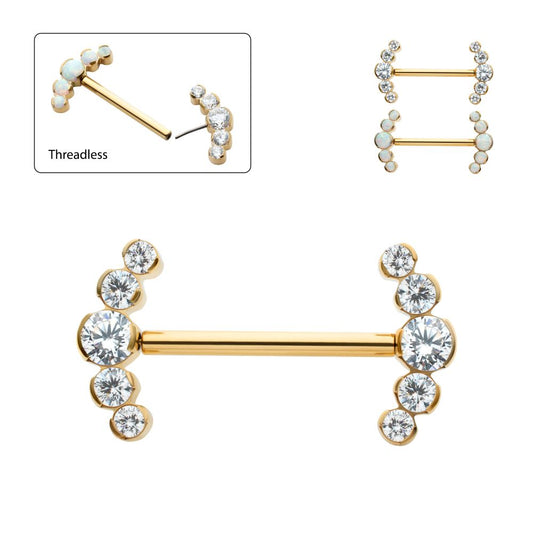 24Kt Gold PVD Titanium Semi-Bezel Set Round Gem/Opal 
5-Cluster End Nipple Barbell 
(One Side Fixed, One Side Threadless ) | Sold by piece