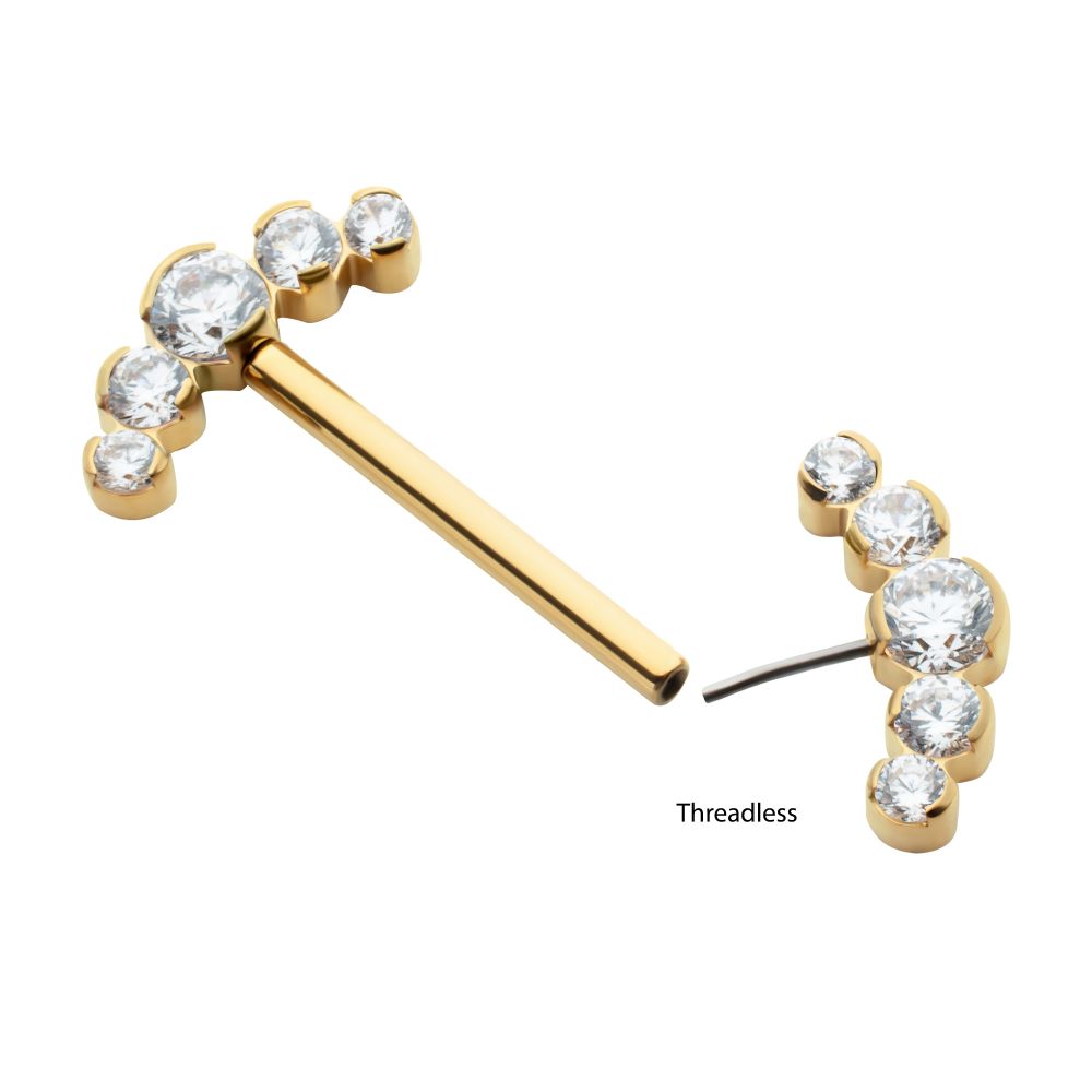 24Kt Gold PVD Titanium Semi-Bezel Set Round Gem/Opal 
5-Cluster End Nipple Barbell 
(One Side Fixed, One Side Threadless ) | Sold by piece