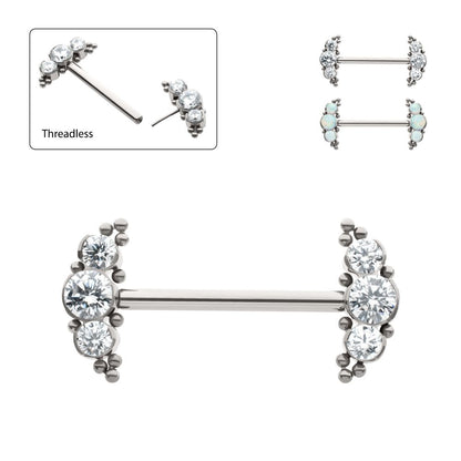 Titanium Beads and Semi-Bezel Set Round Gem/Opal 
3-Cluster Ends Nipple Barbell 
(One Side Fixed, One Side Threadless ) | Sold by piece
