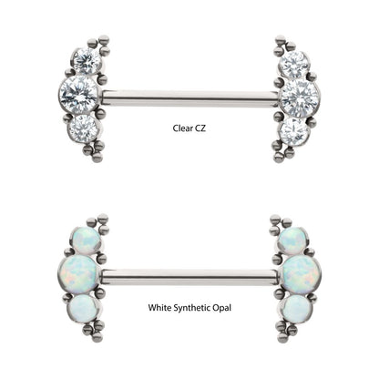 Titanium Beads and Semi-Bezel Set Round Gem/Opal 
3-Cluster Ends Nipple Barbell 
(One Side Fixed, One Side Threadless ) | Sold by piece