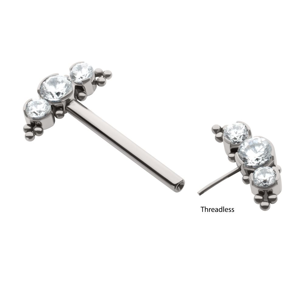 Titanium Beads and Semi-Bezel Set Round Gem/Opal 
3-Cluster Ends Nipple Barbell 
(One Side Fixed, One Side Threadless ) | Sold by piece