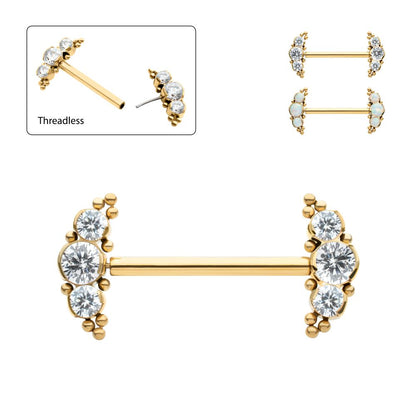24Kt Gold PVD Titanium Beads and Semi-Bezel Set Round Gem/Opal 
3-Cluster Ends Nipple Barbell 
(One Side Fixed, One Side Threadless ) | Sold by piece
