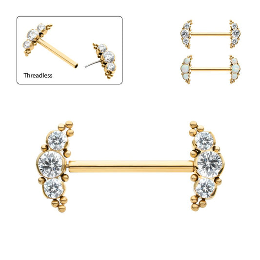 24Kt Gold PVD Titanium Beads and Semi-Bezel Set Round Gem/Opal 
3-Cluster Ends Nipple Barbell 
(One Side Fixed, One Side Threadless ) | Sold by piece