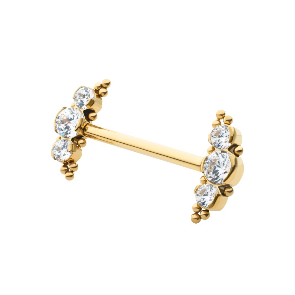 24Kt Gold PVD Titanium Beads and Semi-Bezel Set Round Gem/Opal 
3-Cluster Ends Nipple Barbell 
(One Side Fixed, One Side Threadless ) | Sold by piece