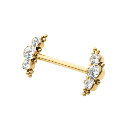 24Kt Gold PVD Titanium Beads and Semi-Bezel Set Round Gem/Opal 
3-Cluster Ends Nipple Barbell 
(One Side Fixed, One Side Threadless ) | Sold by piece