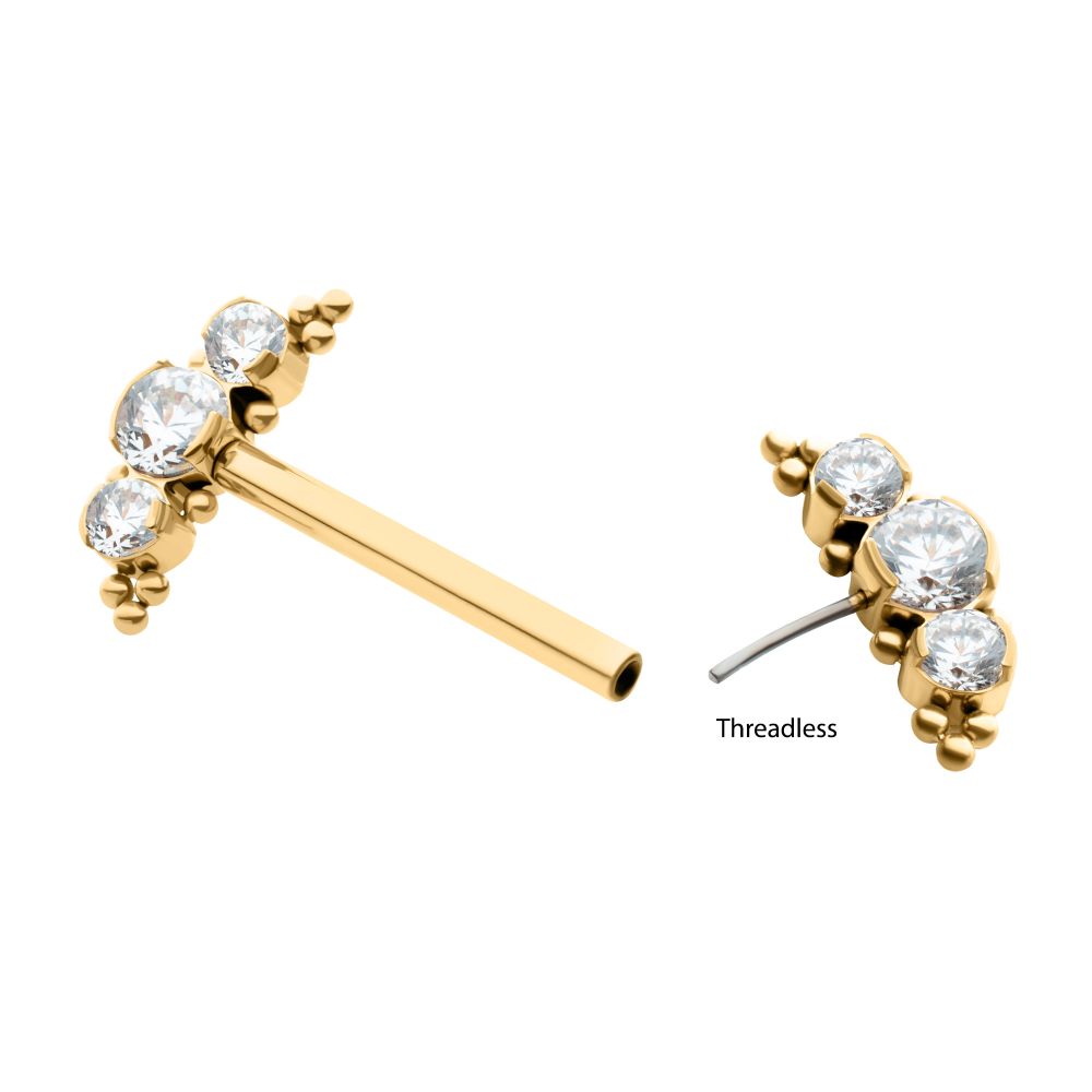 24Kt Gold PVD Titanium Beads and Semi-Bezel Set Round Gem/Opal 
3-Cluster Ends Nipple Barbell 
(One Side Fixed, One Side Threadless ) | Sold by piece