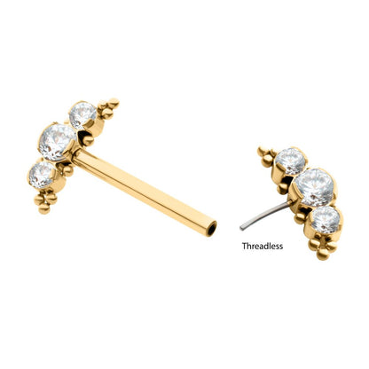 24Kt Gold PVD Titanium Beads and Semi-Bezel Set Round Gem/Opal 
3-Cluster Ends Nipple Barbell 
(One Side Fixed, One Side Threadless ) | Sold by piece