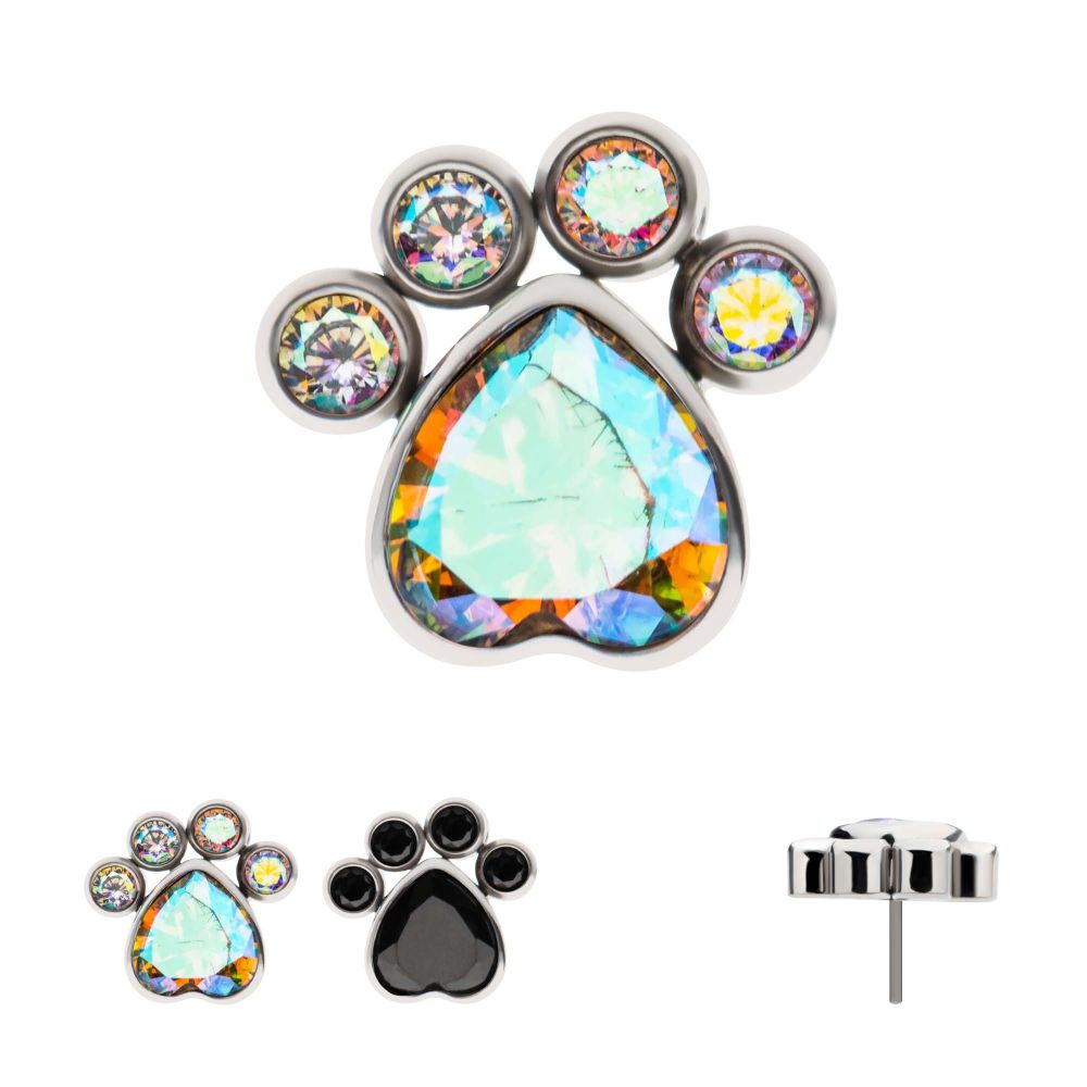 Titanium Threadless Bezel Heart & Round CZ Paw Top