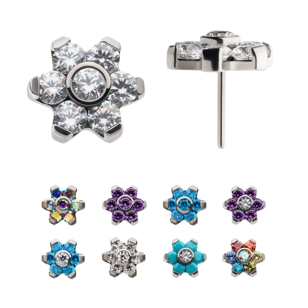 Titanium Threadless with Prong Set 7 CZ Flower Top