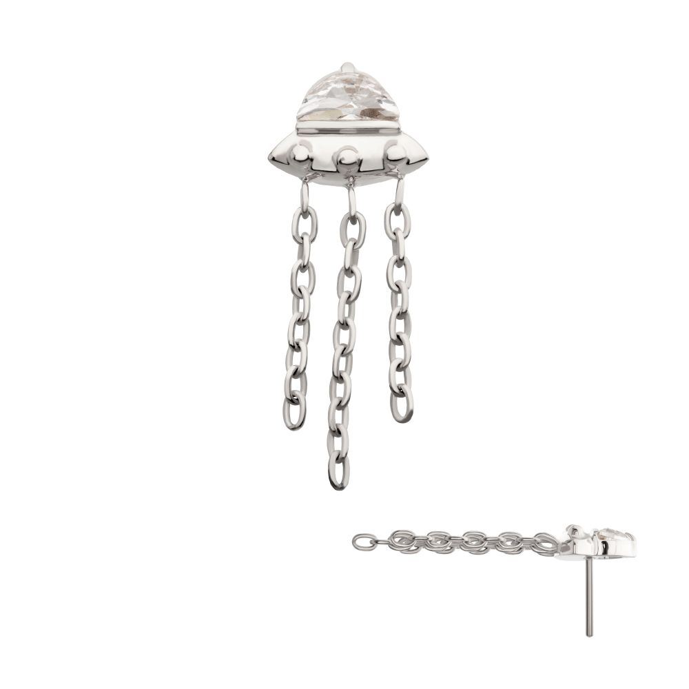Titanium Threadless 3D UFO Gem Top with Small Chain Dangle