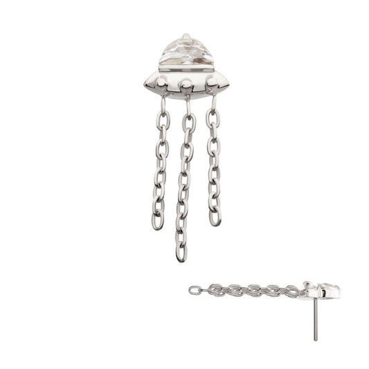 Titanium Threadless 3D UFO Gem Top with Small Chain Dangle
